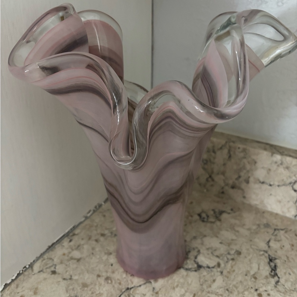 Italian Murano Art Glass Vase Hand-Blown Pink Lavender Swirl with Ruffled Rim